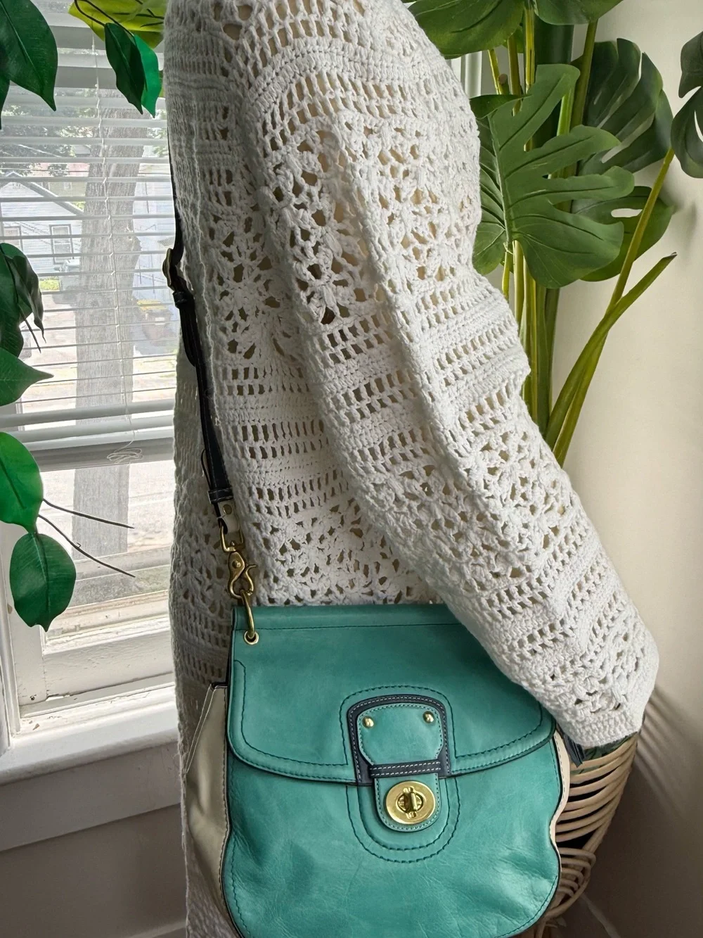 Coach Teal Leather Satchel with Tassel and Gold Hardware